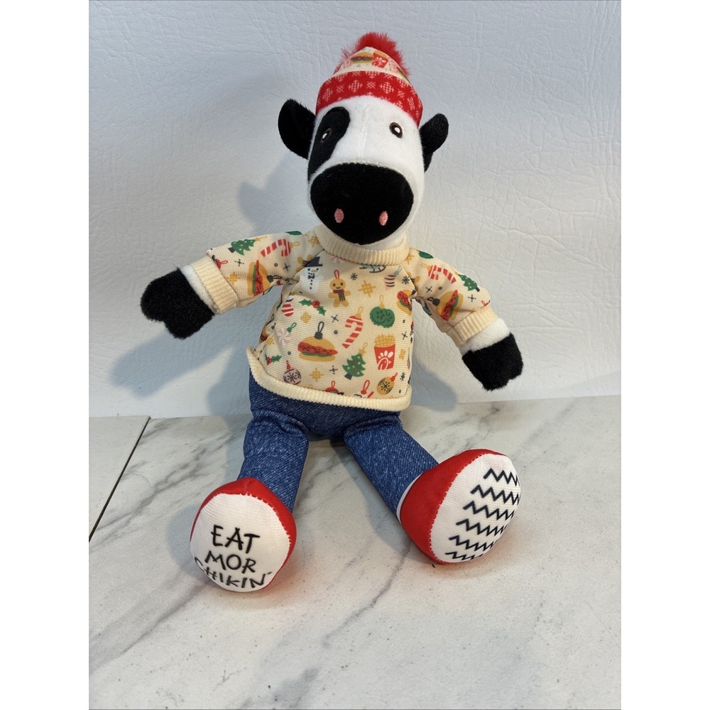 Chick-fil-A Cow Plush Toy Eat Mor Chikin Holiday Sweater Red Hat Jeans 2024